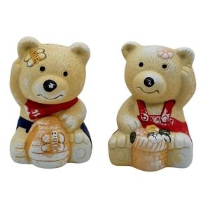 Bear Salt & Pepper Shakers Ceramic Set Of 2 Retro Honey Pot Basket Kitchen Decor